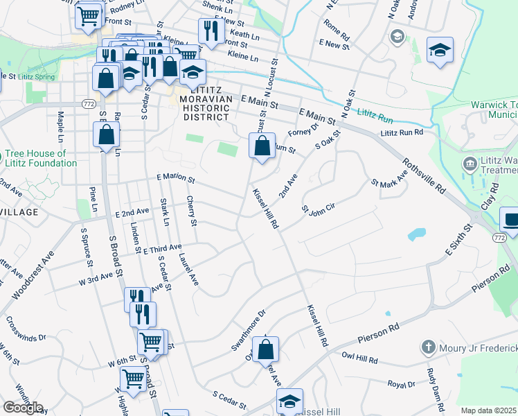 map of restaurants, bars, coffee shops, grocery stores, and more near 10 Kissel Hill Rd in Lititz