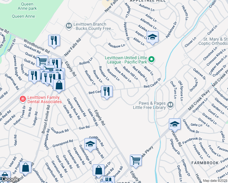 map of restaurants, bars, coffee shops, grocery stores, and more near 50 Red Cedar Drive in Levittown