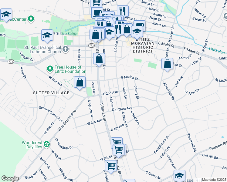 map of restaurants, bars, coffee shops, grocery stores, and more near 41 East 2nd Avenue in Lititz