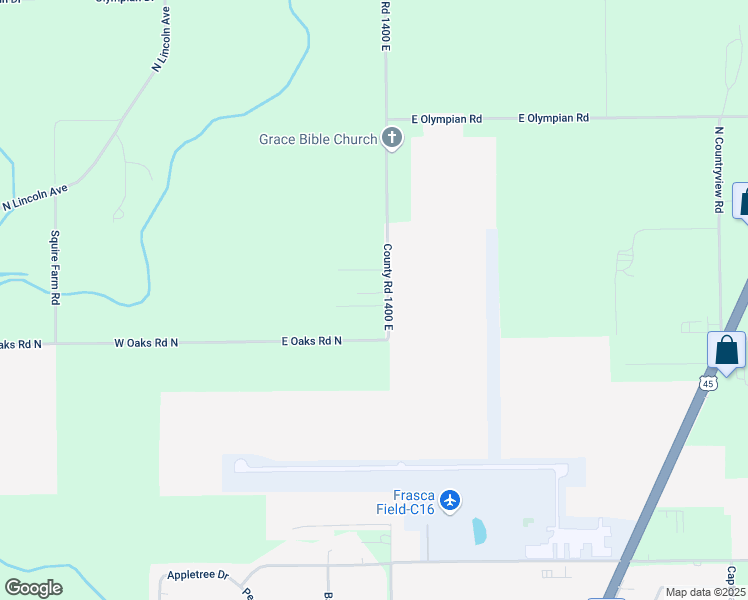 map of restaurants, bars, coffee shops, grocery stores, and more near 3421 County Road 1400 East in Urbana