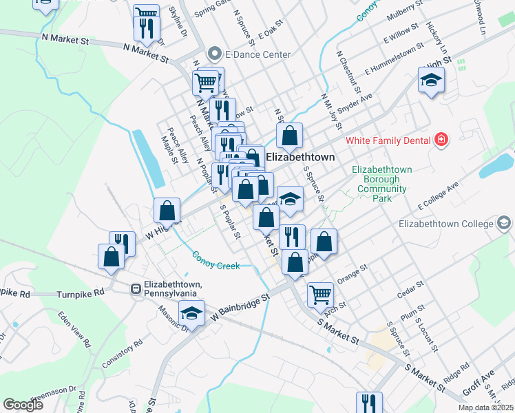map of restaurants, bars, coffee shops, grocery stores, and more near 43 South Market Street in Elizabethtown