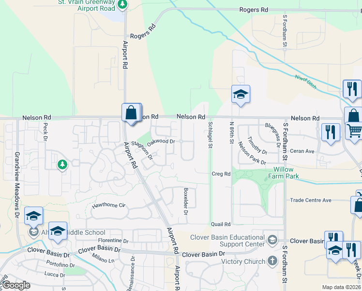 map of restaurants, bars, coffee shops, grocery stores, and more near 718 Boxwood Lane in Longmont