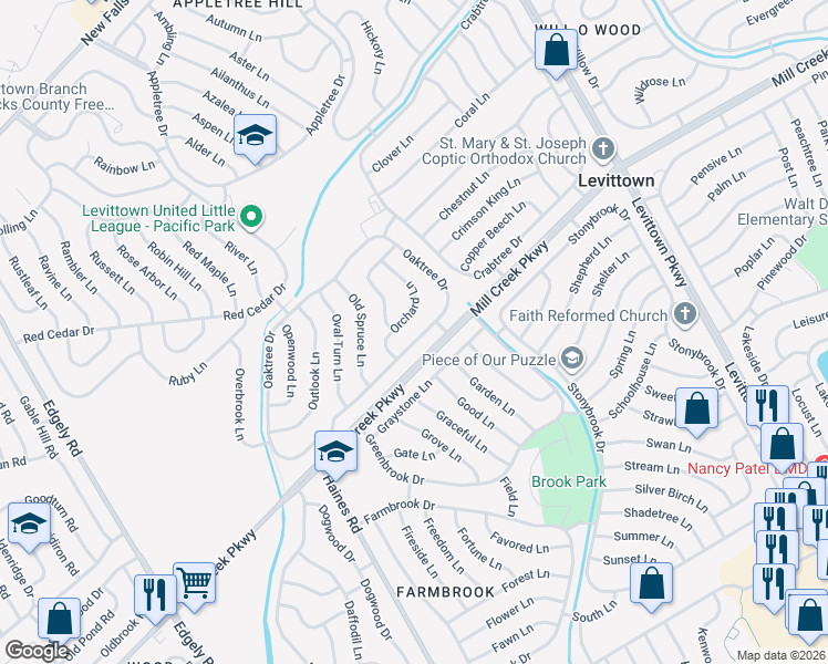 map of restaurants, bars, coffee shops, grocery stores, and more near 69 Oaktree Drive in Levittown