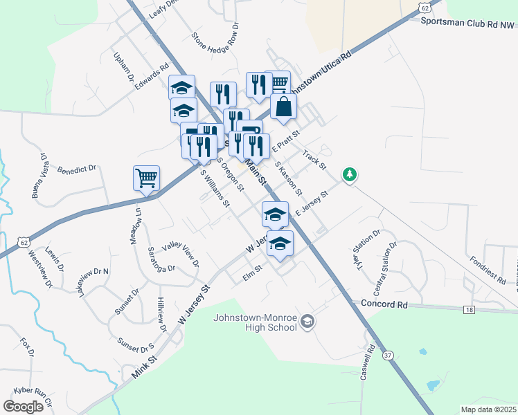 map of restaurants, bars, coffee shops, grocery stores, and more near 45 West College Avenue in Johnstown