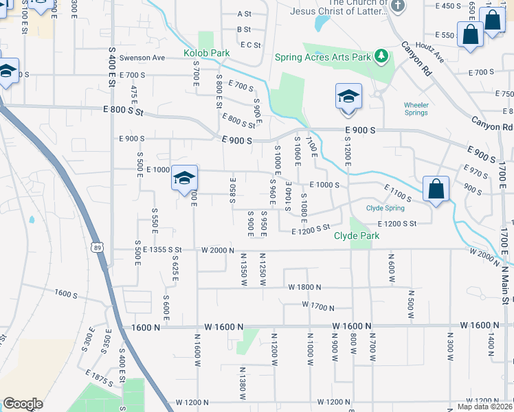 map of restaurants, bars, coffee shops, grocery stores, and more near 939 East 1150 South Street in Springville