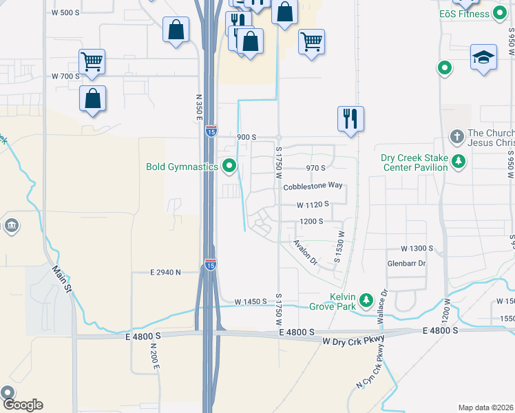 map of restaurants, bars, coffee shops, grocery stores, and more near 1830 1120 South in Springville