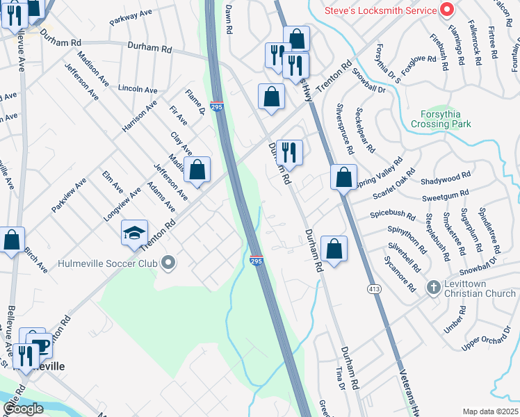 map of restaurants, bars, coffee shops, grocery stores, and more near 132 Hollybrooke Drive in Langhorne