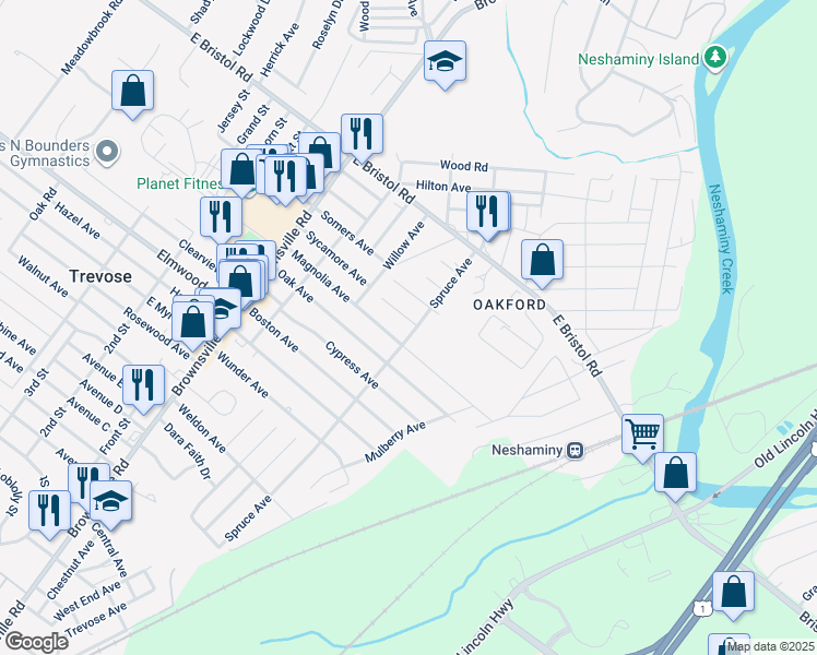 map of restaurants, bars, coffee shops, grocery stores, and more near 4217 Spruce Avenue in Feasterville-Trevose