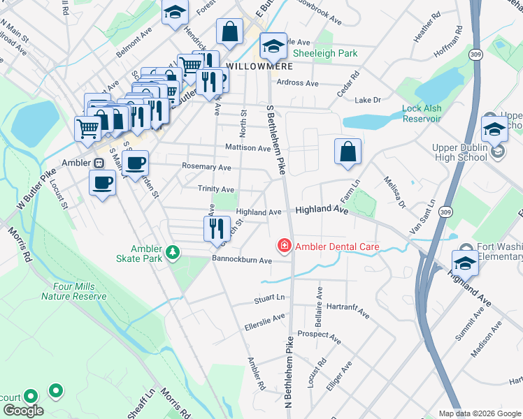 map of restaurants, bars, coffee shops, grocery stores, and more near 506 Trinity Place in Ambler
