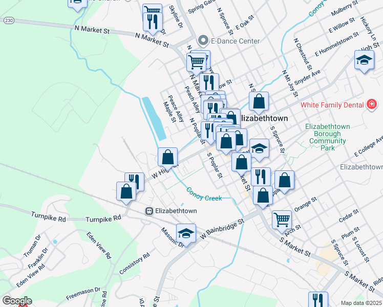 map of restaurants, bars, coffee shops, grocery stores, and more near 122 West High Street in Elizabethtown