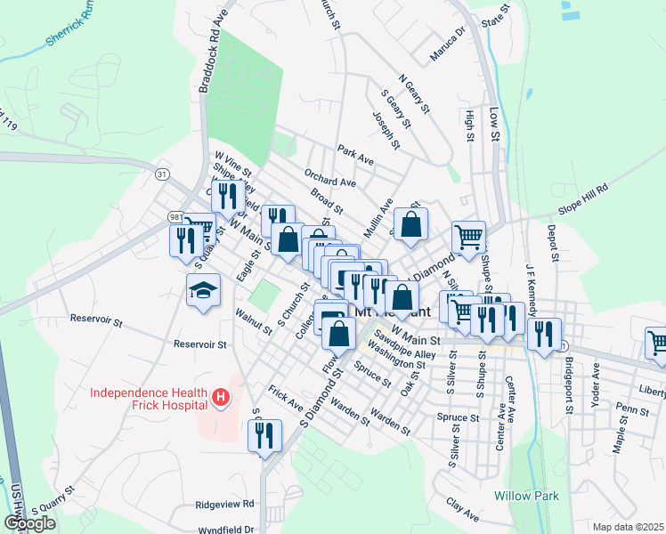 map of restaurants, bars, coffee shops, grocery stores, and more near 25 West Vine Street in Mount Pleasant
