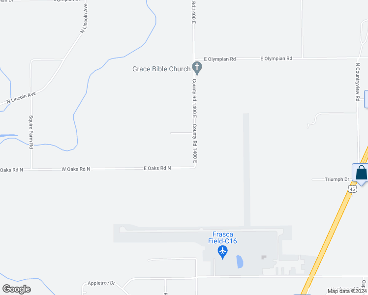 map of restaurants, bars, coffee shops, grocery stores, and more near 3421 County Road 1400 East in Urbana