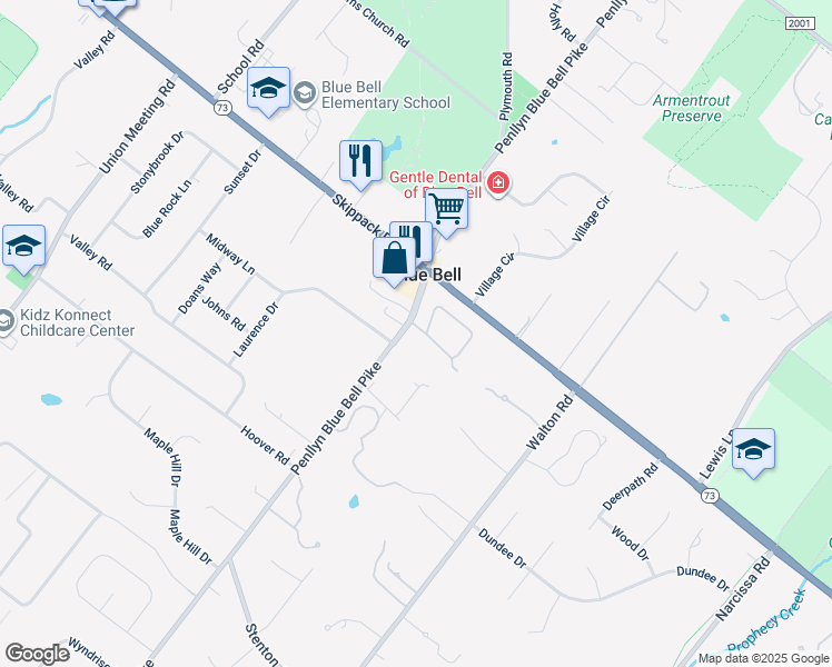 map of restaurants, bars, coffee shops, grocery stores, and more near 1 Highgate Lane in Blue Bell