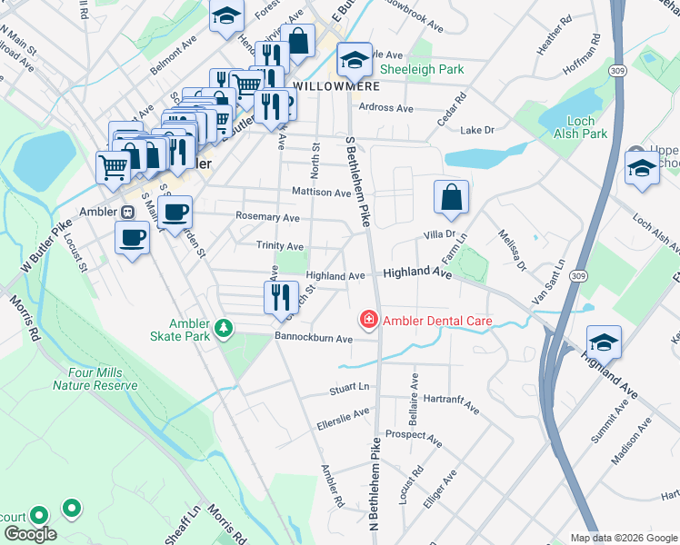 map of restaurants, bars, coffee shops, grocery stores, and more near 506 Trinity Place in Ambler