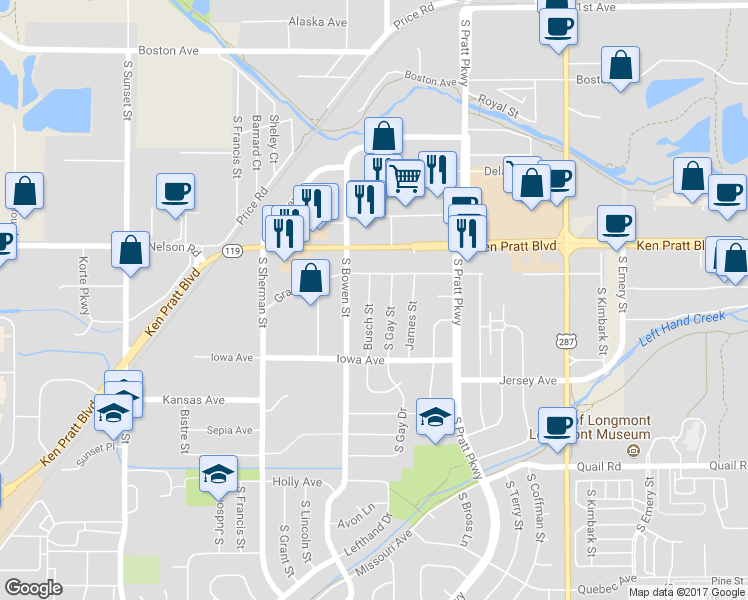 map of restaurants, bars, coffee shops, grocery stores, and more near 724 Busch Street in Longmont