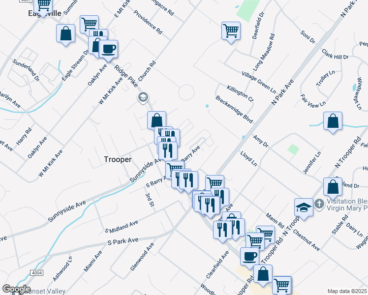 map of restaurants, bars, coffee shops, grocery stores, and more near 117 Devon Drive in Trooper