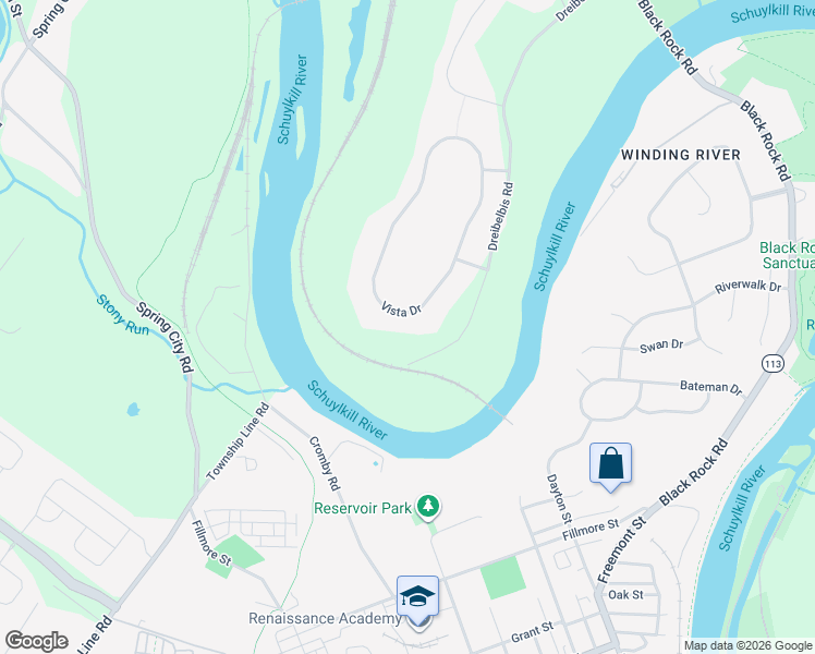 map of restaurants, bars, coffee shops, grocery stores, and more near 310 Vista Drive in Phoenixville