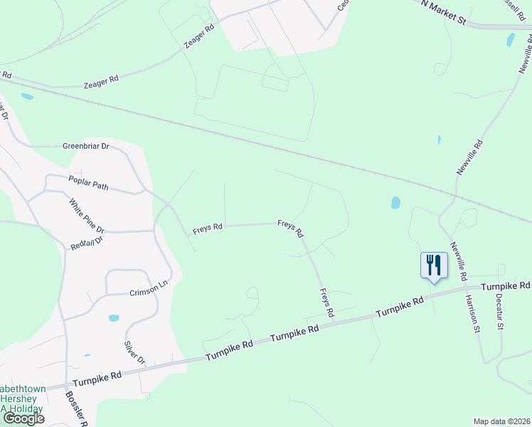 map of restaurants, bars, coffee shops, grocery stores, and more near 116 Freys Road in Elizabethtown