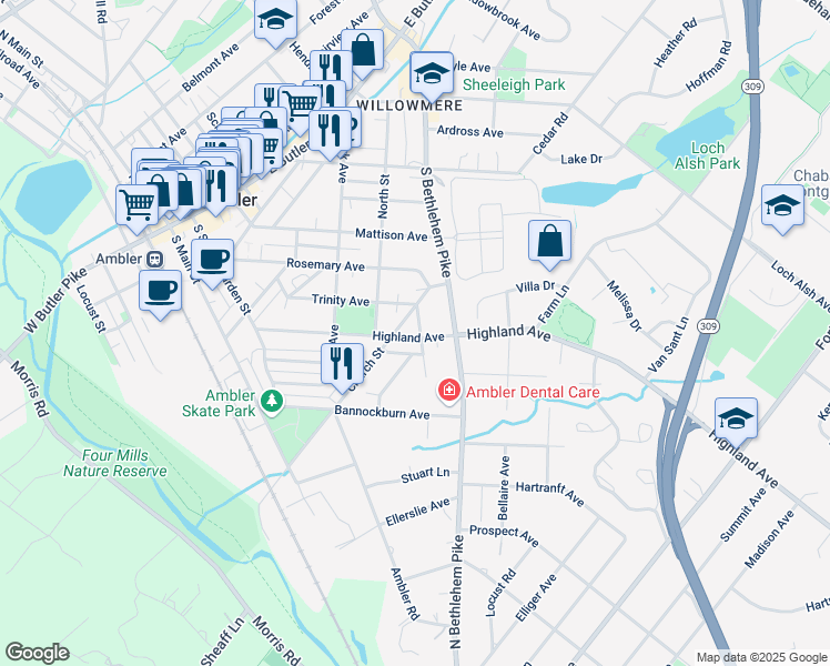 map of restaurants, bars, coffee shops, grocery stores, and more near 506 Trinity Place in Ambler