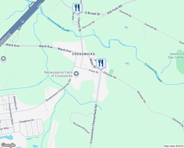 map of restaurants, bars, coffee shops, grocery stores, and more near 34 Front Street in Crosswicks