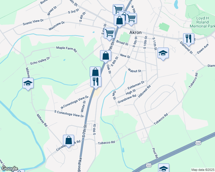 map of restaurants, bars, coffee shops, grocery stores, and more near 419 South 9th Street in Akron