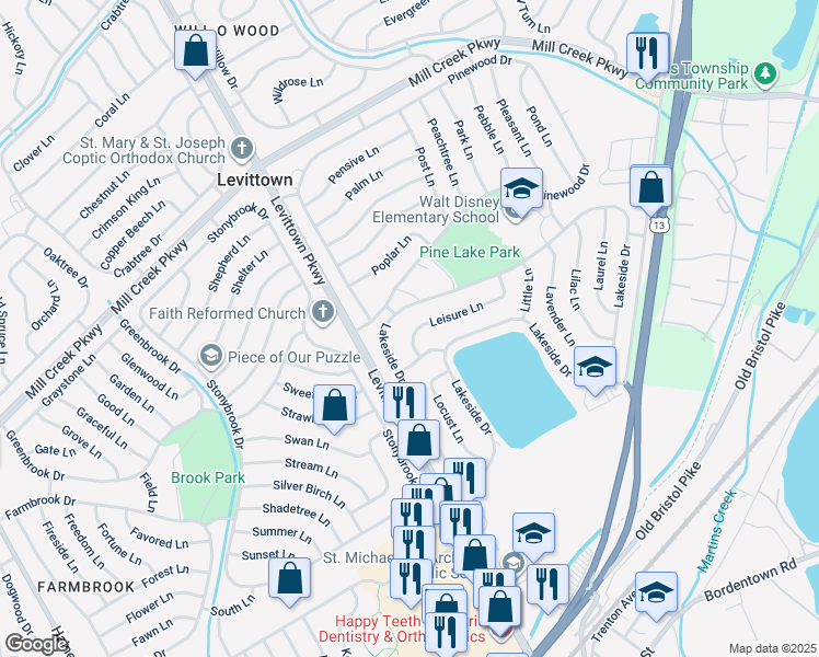 map of restaurants, bars, coffee shops, grocery stores, and more near 11 Leisure Lane in Levittown