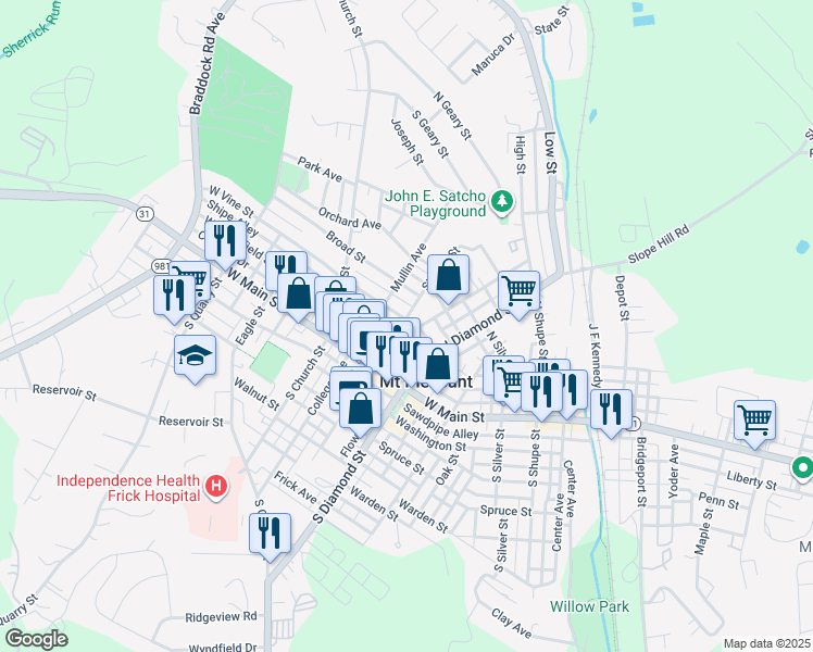 map of restaurants, bars, coffee shops, grocery stores, and more near 61 West Vine Street in Mount Pleasant