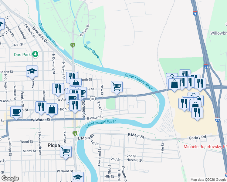 map of restaurants, bars, coffee shops, grocery stores, and more near 431 East Greene Street in Piqua