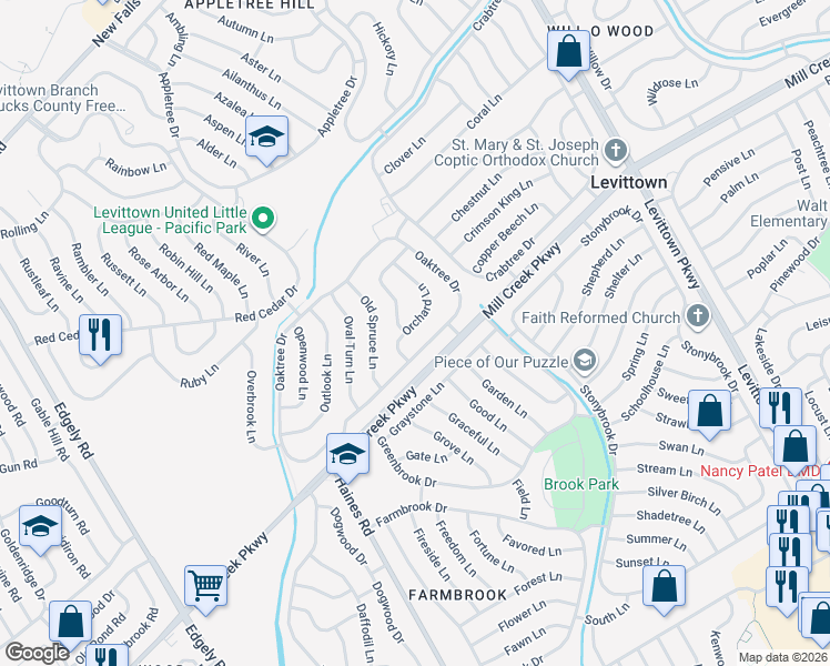 map of restaurants, bars, coffee shops, grocery stores, and more near 69 Oaktree Drive in Levittown