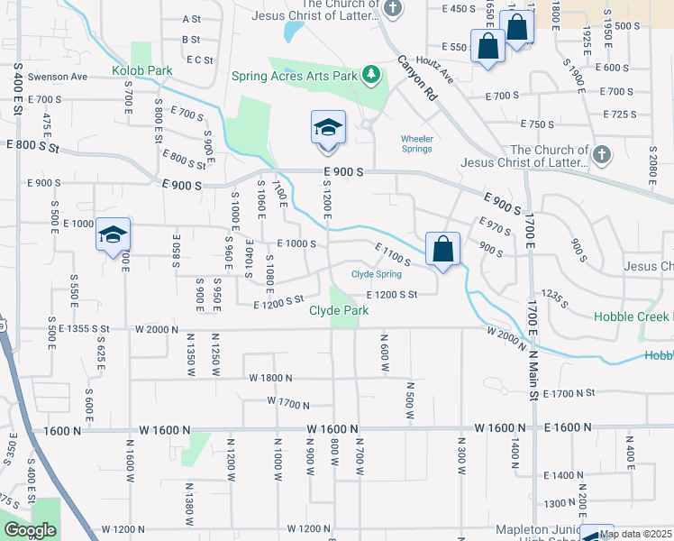 map of restaurants, bars, coffee shops, grocery stores, and more near 1206 East 1150 South in Springville