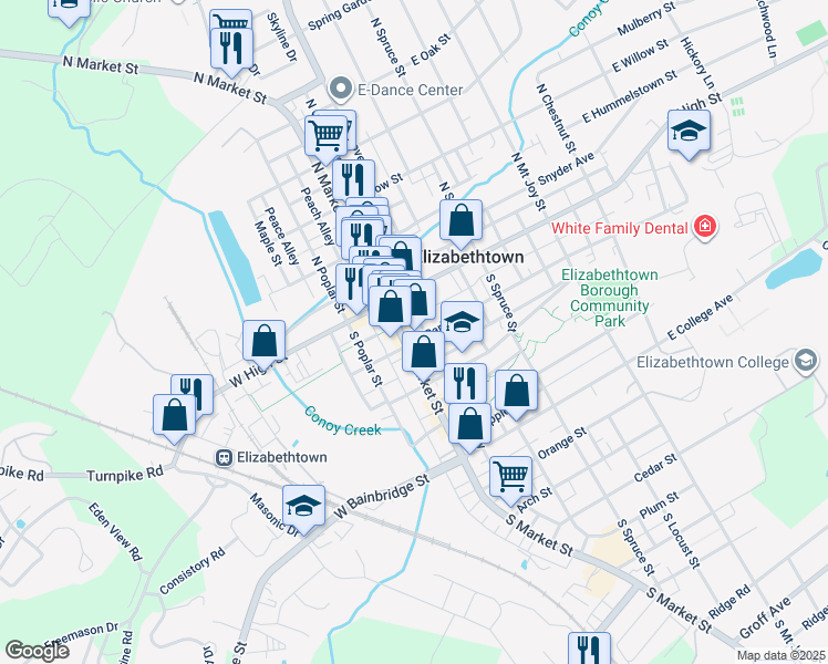 map of restaurants, bars, coffee shops, grocery stores, and more near 41 South Market Street in Elizabethtown
