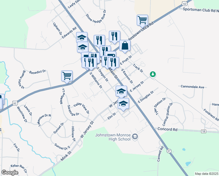 map of restaurants, bars, coffee shops, grocery stores, and more near 91 West College Avenue in Johnstown