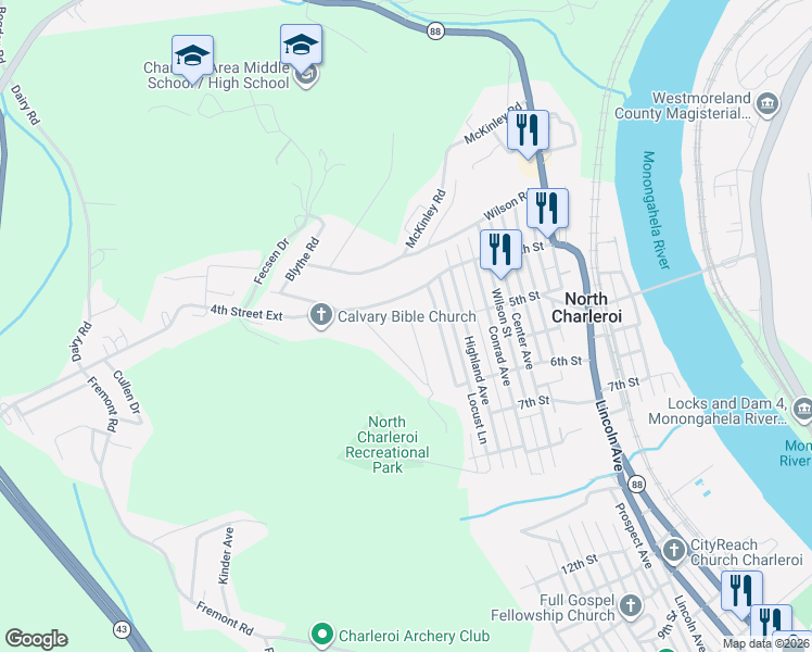 map of restaurants, bars, coffee shops, grocery stores, and more near 28 Lavonne Avenue in Charleroi