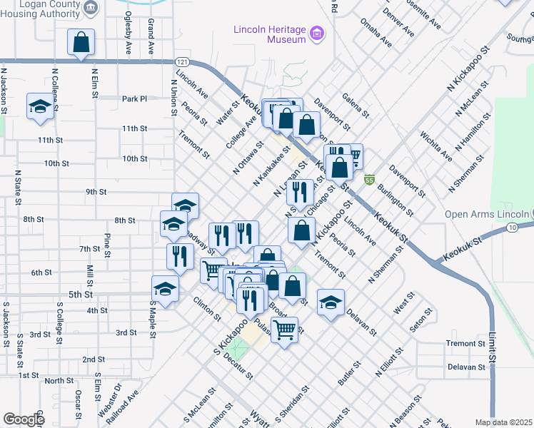map of restaurants, bars, coffee shops, grocery stores, and more near 328 North Logan Street in Lincoln