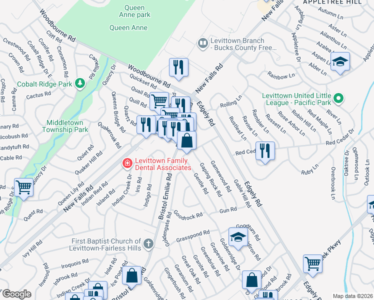 map of restaurants, bars, coffee shops, grocery stores, and more near 319 Goldenridge Drive in Levittown