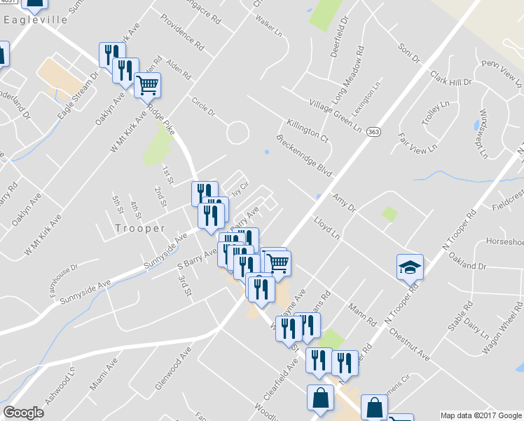 map of restaurants, bars, coffee shops, grocery stores, and more near 228 Dana Drive in Norristown
