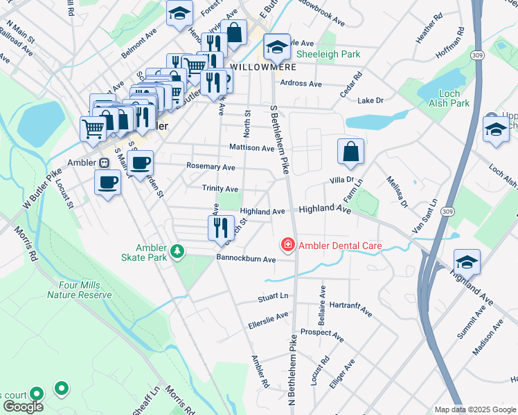 map of restaurants, bars, coffee shops, grocery stores, and more near 401 Highland Avenue in Ambler
