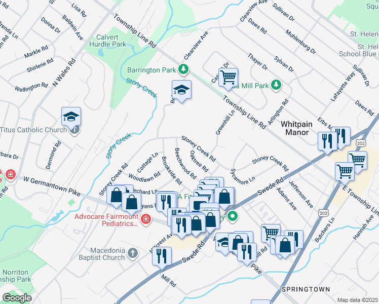 map of restaurants, bars, coffee shops, grocery stores, and more near 220 Oaktree Road in Norristown