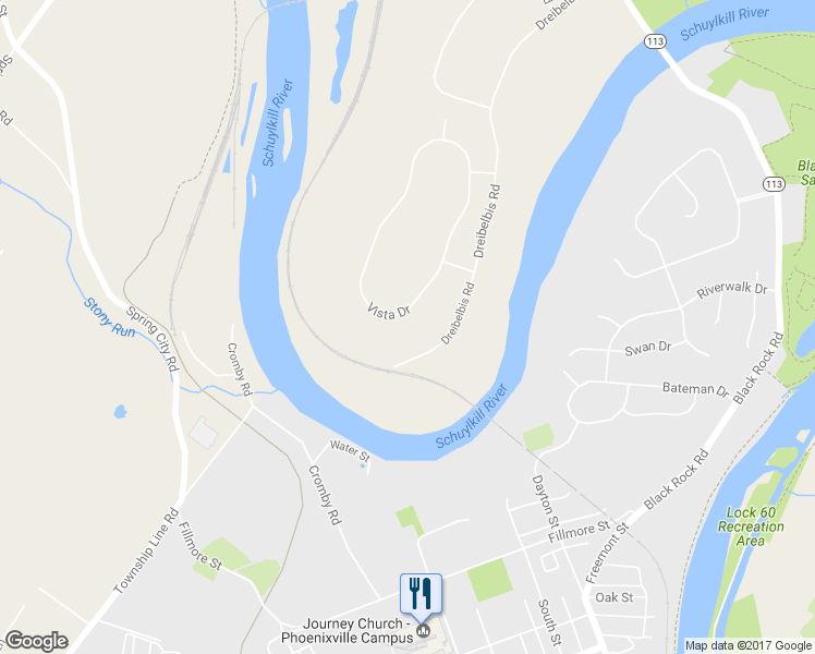 map of restaurants, bars, coffee shops, grocery stores, and more near 310 Vista Drive in Phoenixville