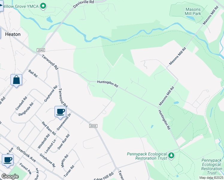 map of restaurants, bars, coffee shops, grocery stores, and more near 2160 Huntingdon Road in Montgomery County