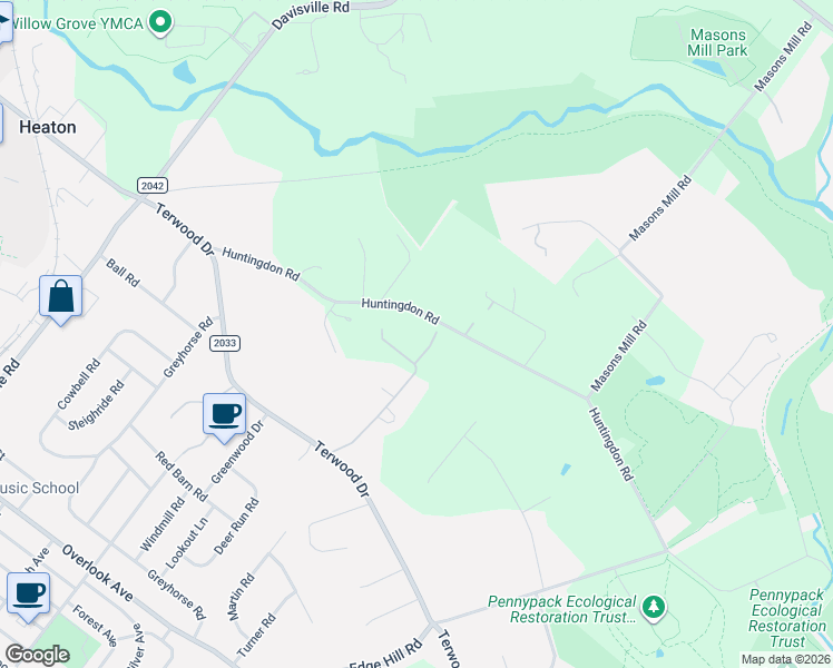 map of restaurants, bars, coffee shops, grocery stores, and more near 2070 Huntingdon Road in Montgomery County