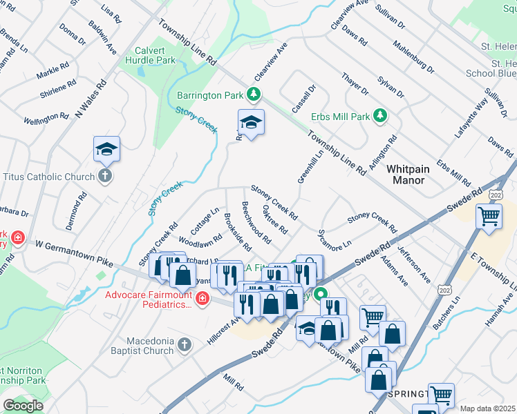 map of restaurants, bars, coffee shops, grocery stores, and more near 220 Oaktree Road in Norristown