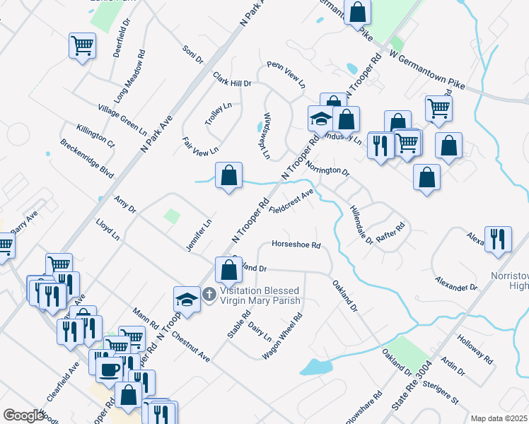 map of restaurants, bars, coffee shops, grocery stores, and more near 2512 Fieldcrest Avenue in Norristown