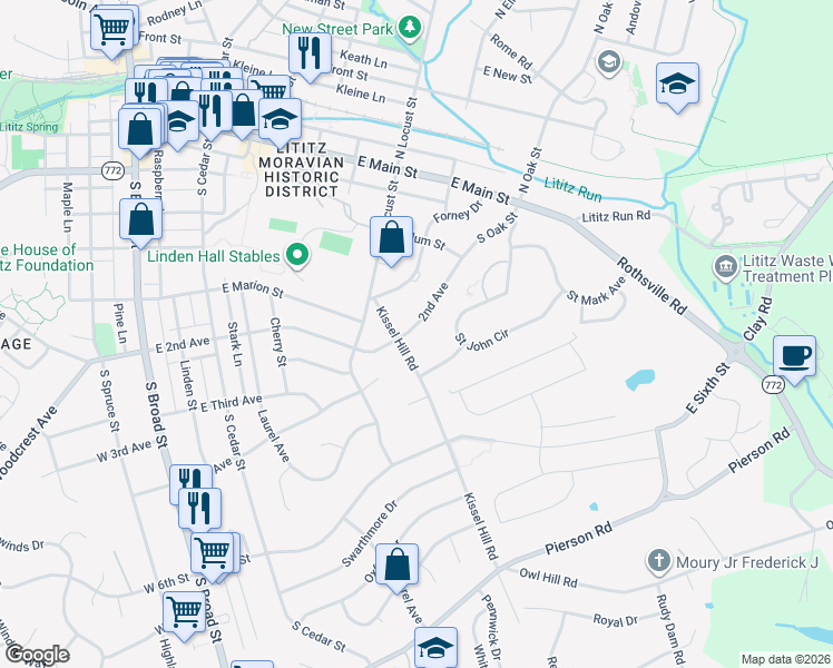 map of restaurants, bars, coffee shops, grocery stores, and more near 151 South Oak Street in Lititz
