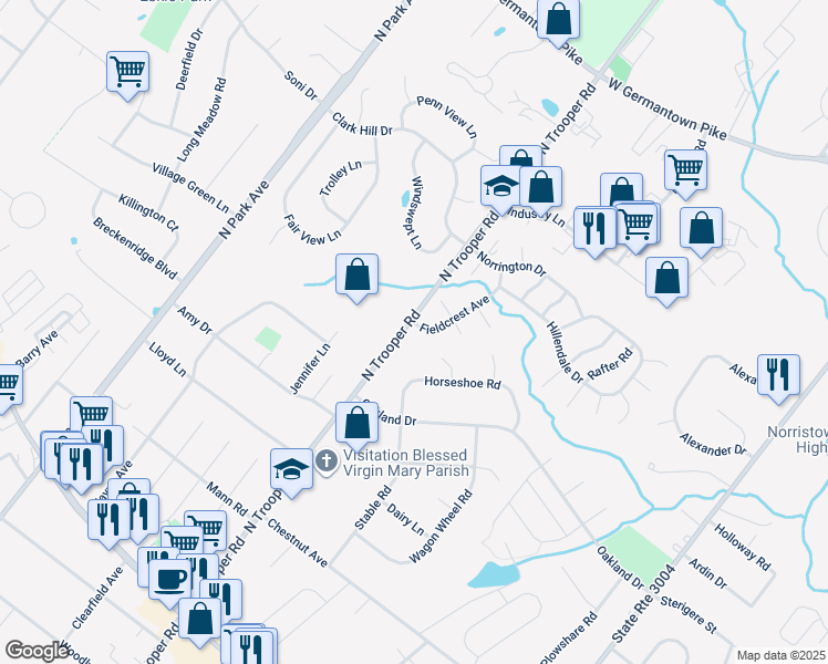 map of restaurants, bars, coffee shops, grocery stores, and more near 2512 Fieldcrest Avenue in Norristown