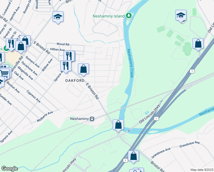 map of restaurants, bars, coffee shops, grocery stores, and more near 1252 Falls Avenue in Feasterville-Trevose