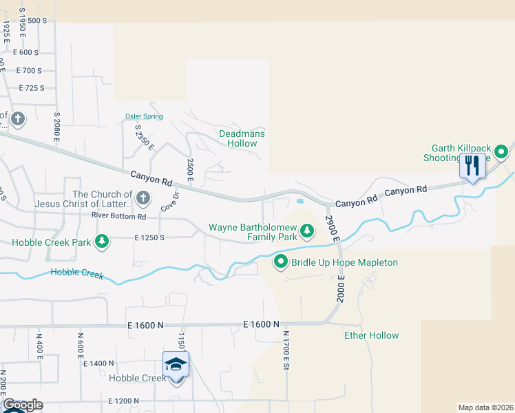 map of restaurants, bars, coffee shops, grocery stores, and more near 2692 Canyon Road in Springville