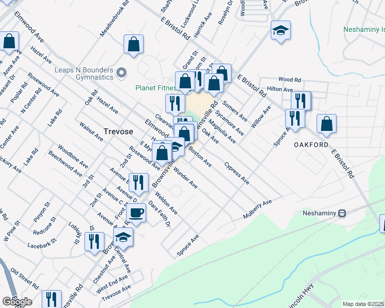 map of restaurants, bars, coffee shops, grocery stores, and more near 4900 Boston Avenue in Feasterville-Trevose