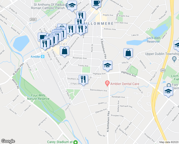map of restaurants, bars, coffee shops, grocery stores, and more near 301 Highland Avenue in Ambler