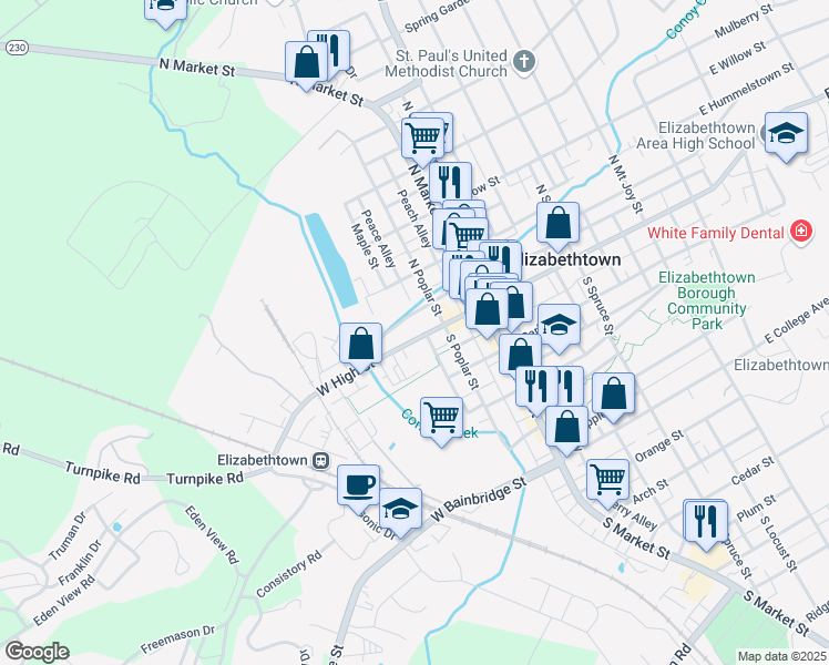 map of restaurants, bars, coffee shops, grocery stores, and more near 139 West High Street in Elizabethtown